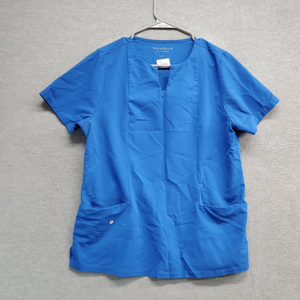 Mandala Women Scrub Top Medium Blue Equa Tek Shirt Pockets Short Sleeve READ